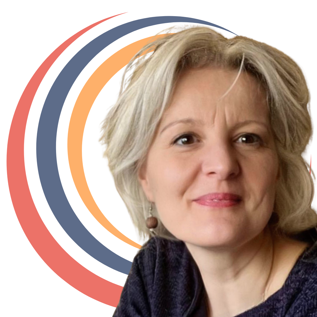 Portré Gáborjáni Rékáról, menopauza szakértőről, stilizált színes körívekkel a háttérben, a MenoDiéta logóelemeként.