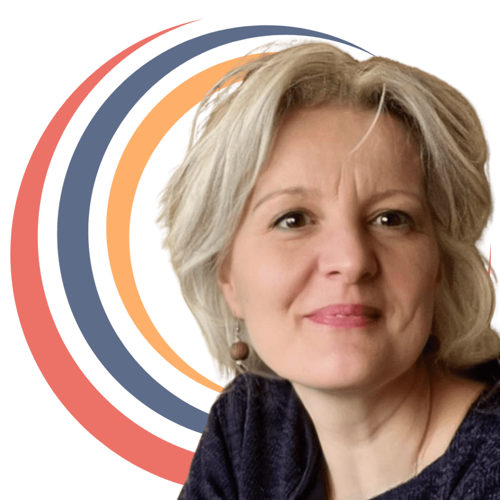 Portré Gáborjáni Rékáról, menopauza szakértőről, stilizált színes körívekkel a háttérben, a MenoDiéta logóelemeként.