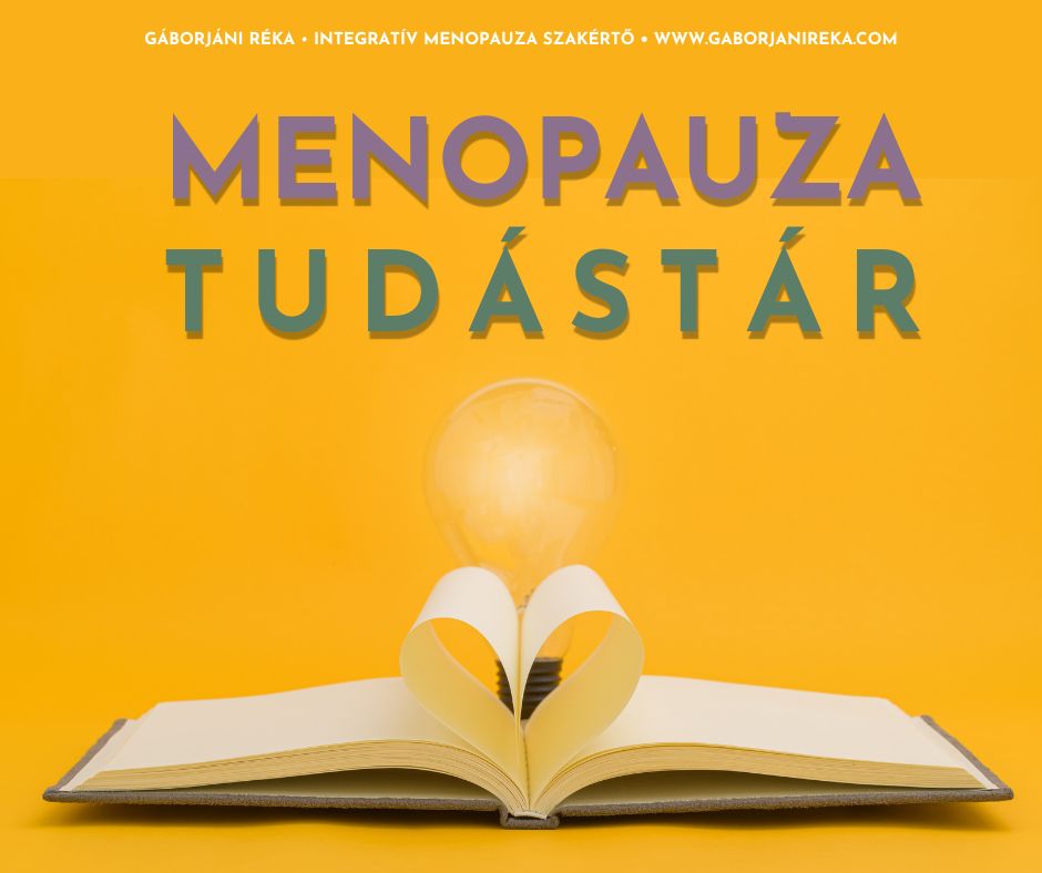 Menopauza Tudástár – Gáborjáni Réka integratív menopauza szakértő nyitott könyvvel és villanykörtével a tudás szimbólumaként.