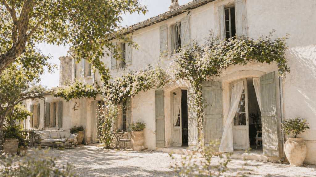 Nyári mediterrán ház árnyékos kerttel, nyitott ablakokkal és fehér függönyökkel, a Hűvös Erő nyári női életmódprogram hangulatához.