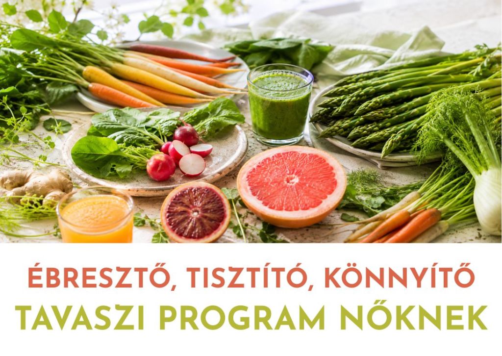 Friss tavaszi zöldségek, színes sárgarépák, retek, spárga, grapefruit és zöld ital világos, üde környezetben, a Tavaszi Program Nőknek hangulatához.
