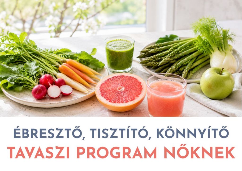 Friss tavaszi zöldségek, színes sárgarépák, retek, spárga, grapefruit és zöld ital világos, üde környezetben, a Tavaszi Program Nőknek hangulatához.