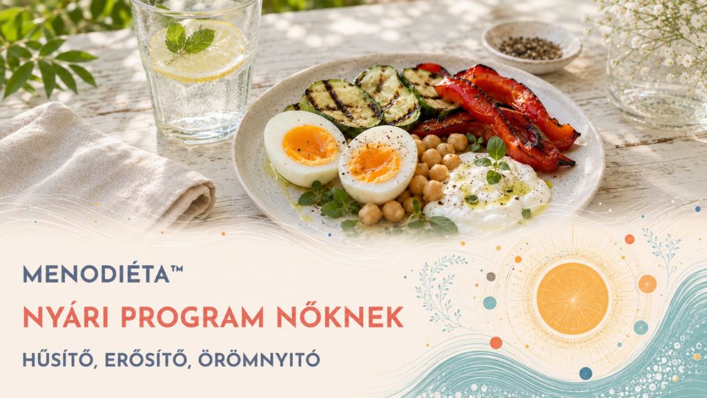 Hűsítő nyári program nőknek menopauza és perimenopauza idején, mediterrán hangulatú asztalképpel, uborkás-citromos vízzel, mentával, olajággal és friss nyári ételekkel.