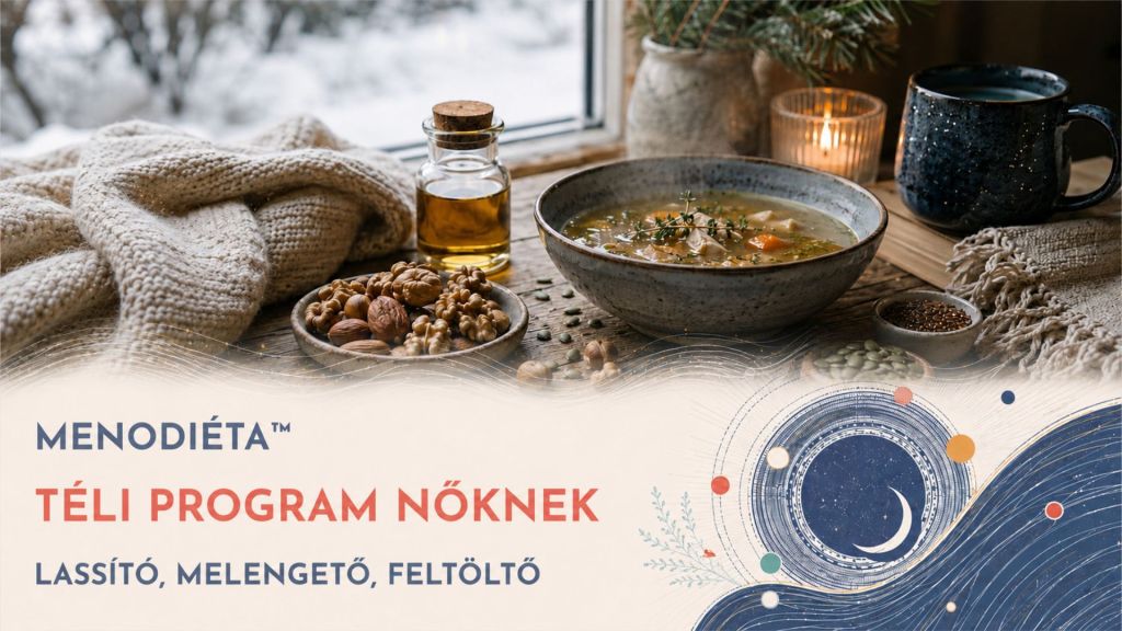 Téli hangulatú pihenősarok gőzölgő meleg itallal, kék takaróval, mályva párnával, gyertyafénnyel és puha téli ablakfénnyel, a Téli Program Nőknek hangulatához.