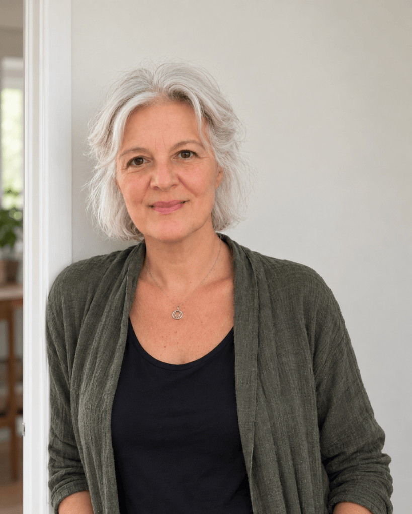 Gáborjáni Réka álló portré, olívazöld felsőben, világos háttér előtt